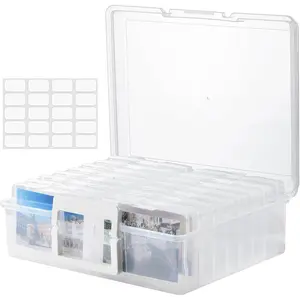 Photo Storage Box with Handle, 4" x 6" Photo Case Craft Keeper Organizer Container with 16 Inner Case and Label for Pictures, Arts, Crafts, Sewing, Stickers, Office Supplies - Clear