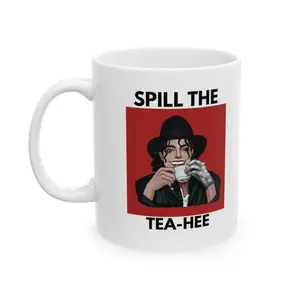 Spill The Tea-Hee King of Pop Ceramic Mug, Vintage Americana Retro Music Legend Coffee Cup, Sarcastic Quote Pop Culture Graphic Drinkware, MJ Fan Gifts