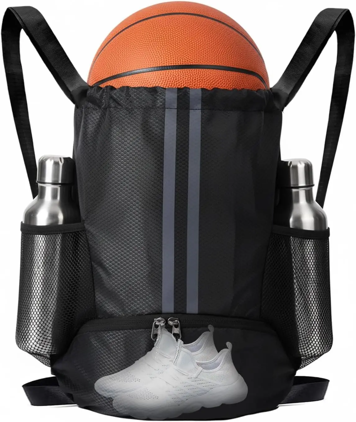 Sports Drawstring Backpack with Shoes Compartment, String Gym Bag with Wet Proof Pocket for Basketball, Soccer, Swim, Black Sport Bag for Men and Women
