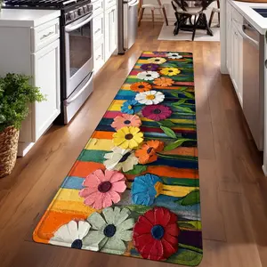 1PC，Colorful Stripe Background with FlowersPatterned strip rugs, used for everyday or festive decorations, entryway mats, RV mats, bathroom non-slip mats, bedroom bedside mats, and kitchen mats.