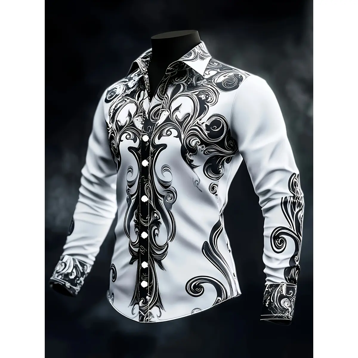 Men's Black White Wave Print Shirt Long Sleeve Button Down Streetwear Fashion Shirt, Menswear, Easter, Valentines Day, Casual Ootd