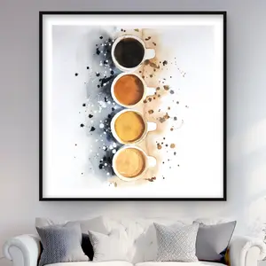 212 MAIN Artistic Style Framed Matted Print Wall Art - 48x48 in Home Decor Products, Modern Abstract Colorful Brightly Decorated Design with 4 Coffee Cups, Paint Splash, for Home Rooms, Gifting Option, Colorful Art Prints