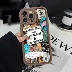 Silicone Smartphone Casing - Shockproof Protection Accessories for iPhone 11/12/13/14/15/16/17 Pro, ProMax, Plus, Pocket-Friendly Soft Case with Cowboy & Hippie Collage Design for Mobile Devices