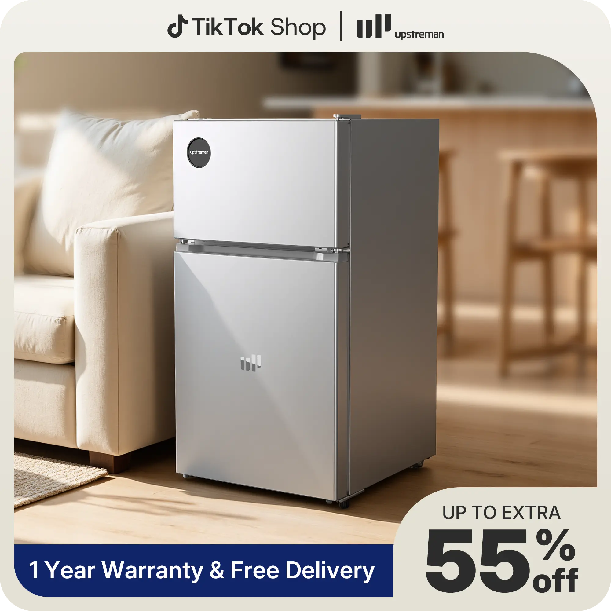 Upstreman 3.0 Cu.Ft Steel Glossy Double Door Compact Mini Fridge with Freezer - Reversible Door, 7 Adjustable Temp Settings, Removable Shelves, LED Light, Egg Tray, Quiet Operation, Energy Star Certified, Small Footprint for Bedroom, Dorms - TM30