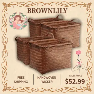 BROWNLILY 4 Pack Handwoven Wicker Storage Baskets, Large Storage Bins, Rattan Style Home Storage Organizer for Shelves, Closet, Laundry Hampers, Clothes & Blanket Storage, Bedroom & Bathroom Organization