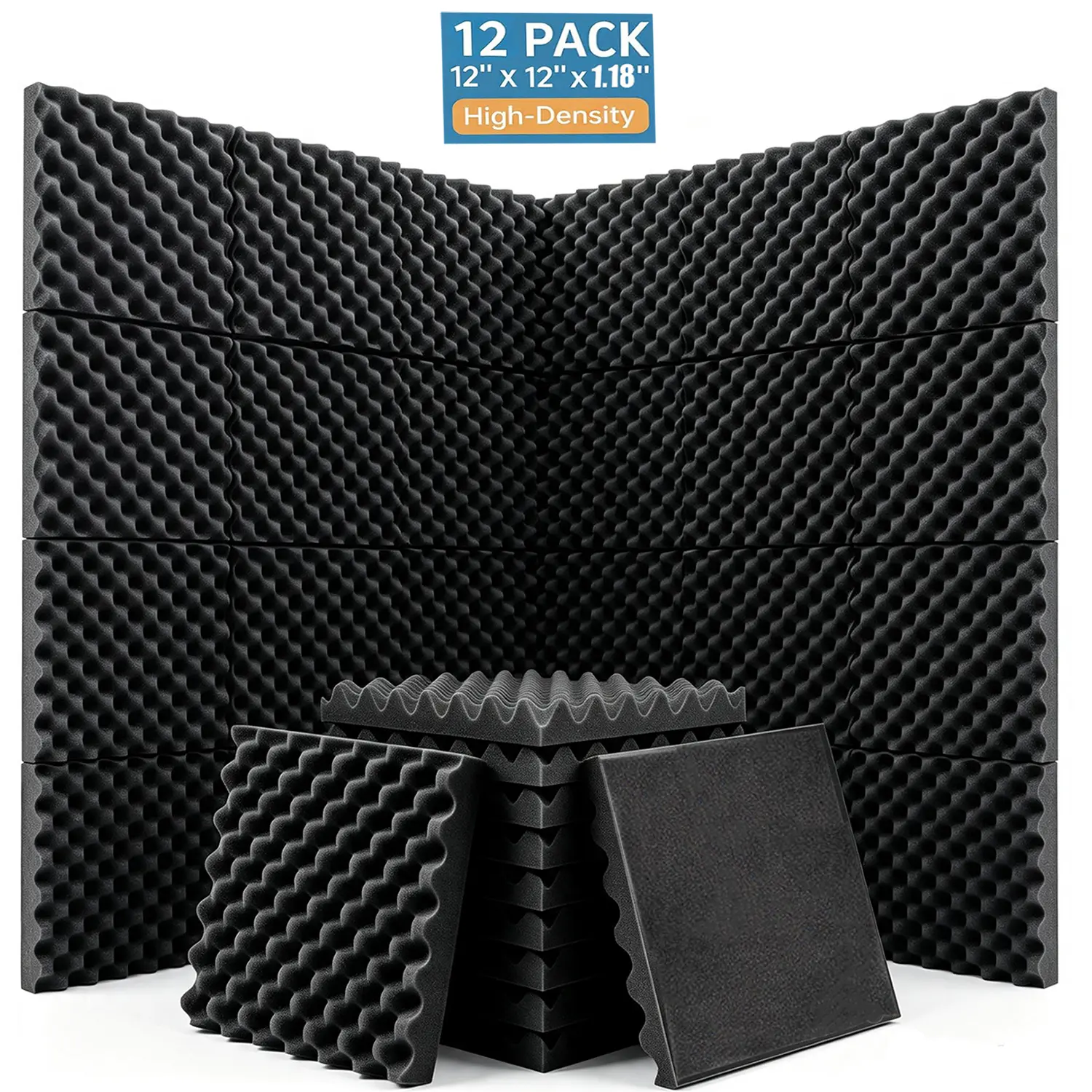 12-Pack High-Density Black Polyurethane Foam Acoustic Wall Panels, 12x12x1.18in Egg Crate Soundproofing Pads for Studio Acoustic Treatment Accessories, High-Density Foam