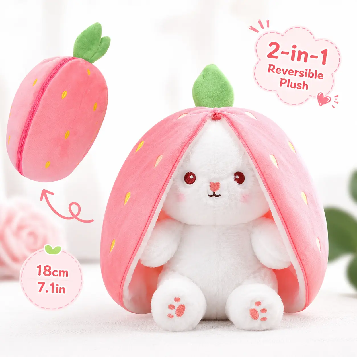 Strawberry Bunny Reversible Plush Cushion Pillow with Zipper, Soft Kawaii Decorative Throw Pillow, Cute Room Ornament, Holiday Gift for Teens & Adults
