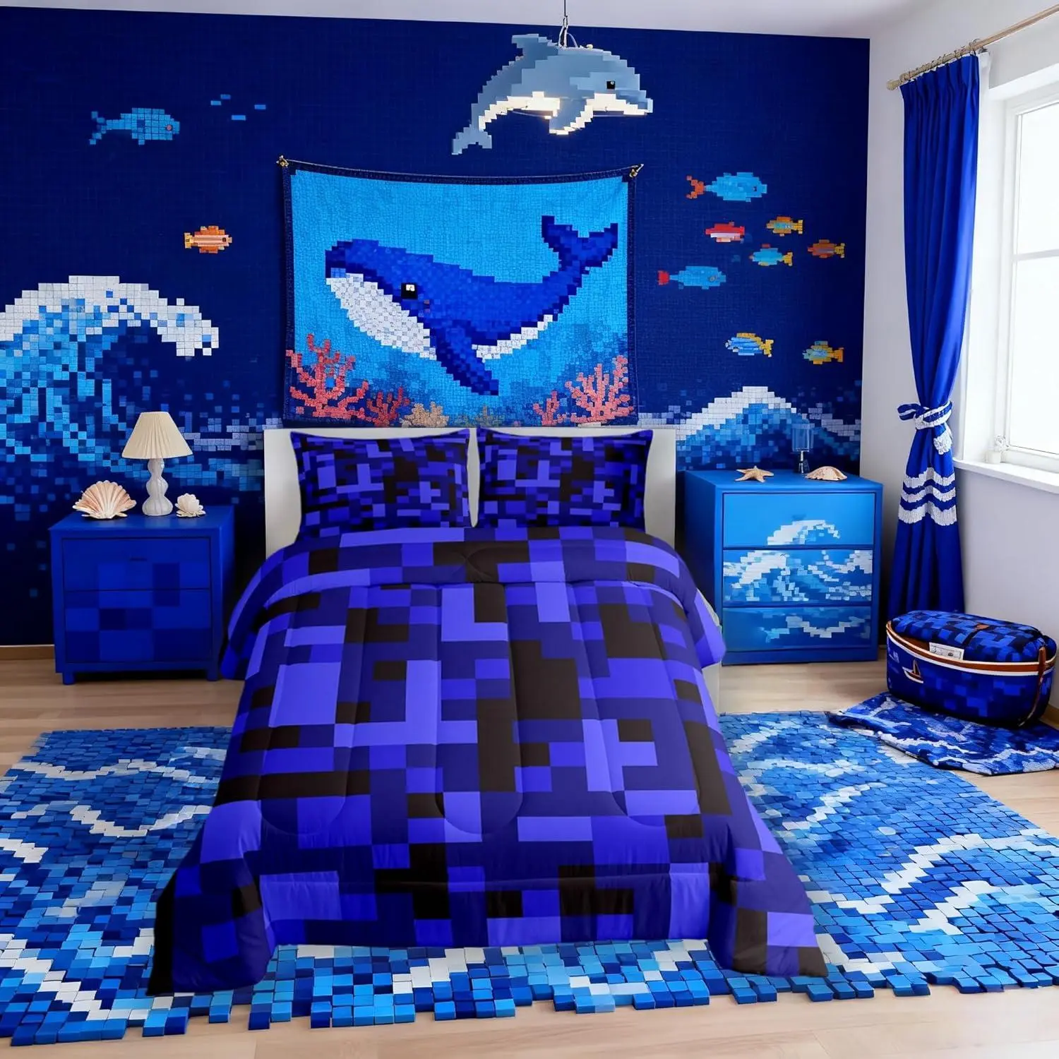 Pixelated Blocks Comforter Set,Army Camouflage Miners Game Kids Bedding Set,Geometric Grid Patchwork Quilt Comforter,Black Dark Blue Duvet Insert