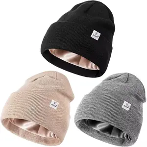 3 Pack Satin Lined Winter Beanie Hats for Women Men,Silk Lined Womens Beanies Knit Soft Warm Cuffed Hat
