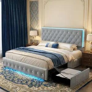 [Father's Day Gift] [SummerVibes] SIBEDS LED Bed Frame with Storage Drawers, Crystal Button Tufted Upholstered Headboard, Optional Mattress Bundle, Solid Slats Support, Noise-Free, No Box Spring Needed, PU & Velvet Platform Bed