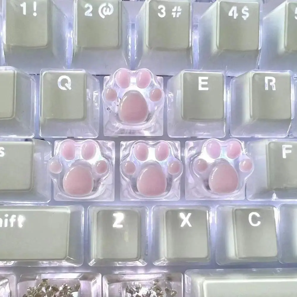 1-4 Pcs Cute Translucent Cat Paw Resin Mechanical Keyboard Key Cap Set, Blue+Pink, Material for Cross-Axis Keyboards, Includes ESC and WASD Cartoon Keycaps with Backlight Effect