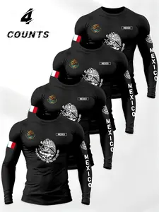Men's Mexican Theme Letter Flag Long Sleeve T-Shirt 4 Pack, Round Neck, Multi-Functional Daily Wear, Durable Comfort Fit