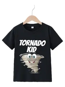 Kids "Tornado Kid" Cartoon Tornado Graphic T-Shirt, Boys Short Sleeve Weather Themed Crew Neck Tee Cotton Blend Tee