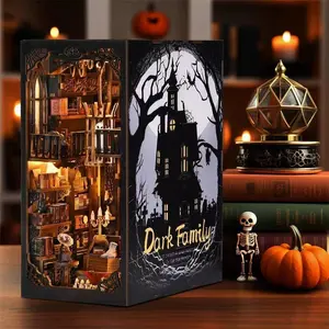 [Dark Family]Halloween 3D Wooden Bookend Kit DIY Wooden Bookend Kit with LED Lights Micro House Kit Bookshelves Insert Decoration DIY Bookend Model Building Kit diy enthusiast adult craft combination puzzle building block birthday halloween gift idea