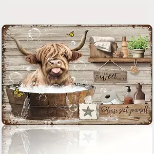 Rustic Farmhouse Bathroom Wall Art - Cute Cow in Bathtub Iron Metal Tin Art - Fun Animal Decor - 8x12 Inches