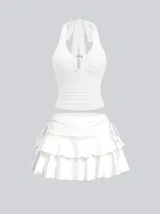 Women's Summer Contoured Cut-Out Bustier & Tiered Ruffle Skirt Set:Detachable Metal Clasp Halter w/ Crisscross Back & Adjustable Side-TieSolid Hue Beach Cover-Up Ensemble-Architectural Elegance for Coastal Adventures, Clothes Outfit