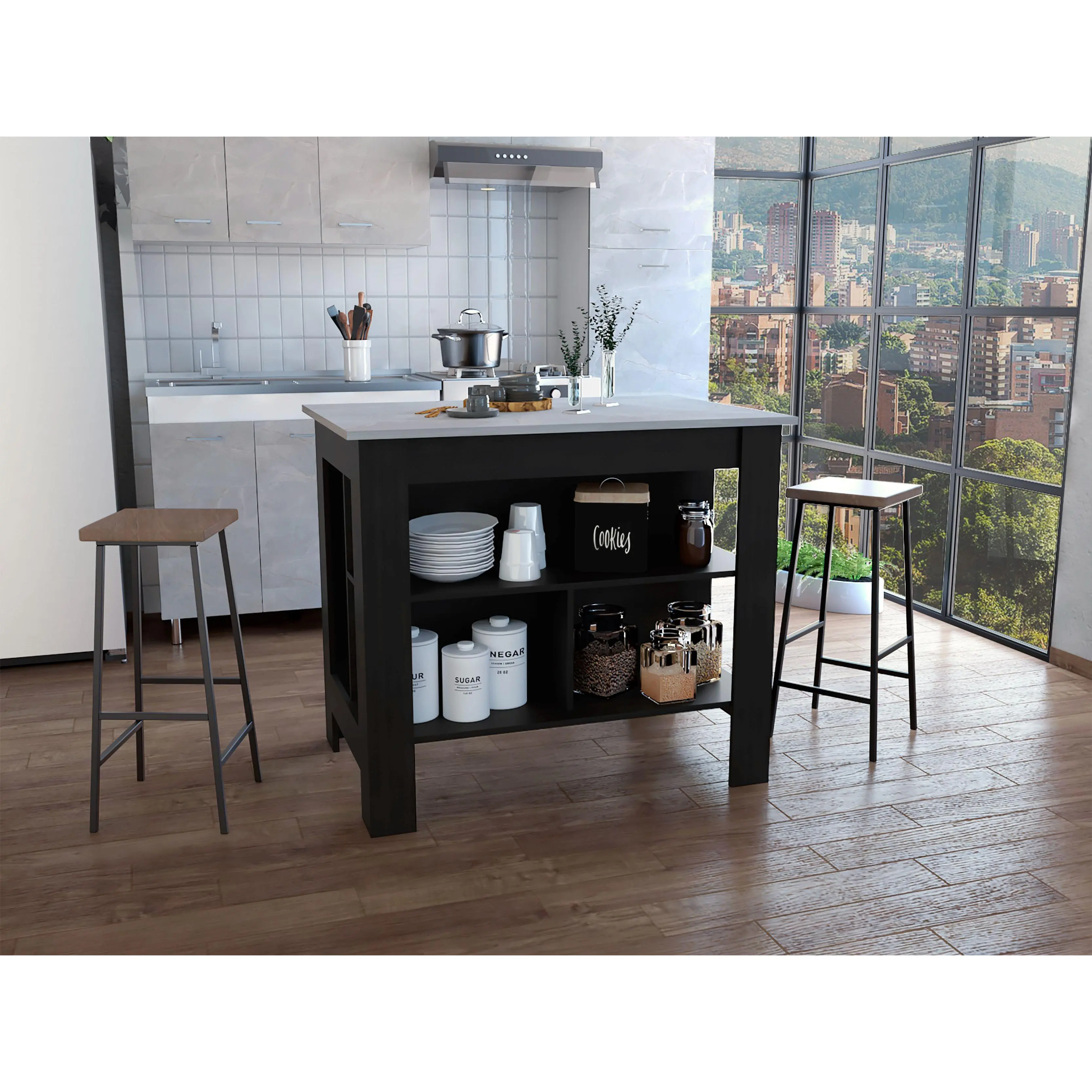Dreamzon furniture Kitchen Island, kitchen table 35" H, Four Legs, Three Open Storage Shelves, Black / Ibiza Marble