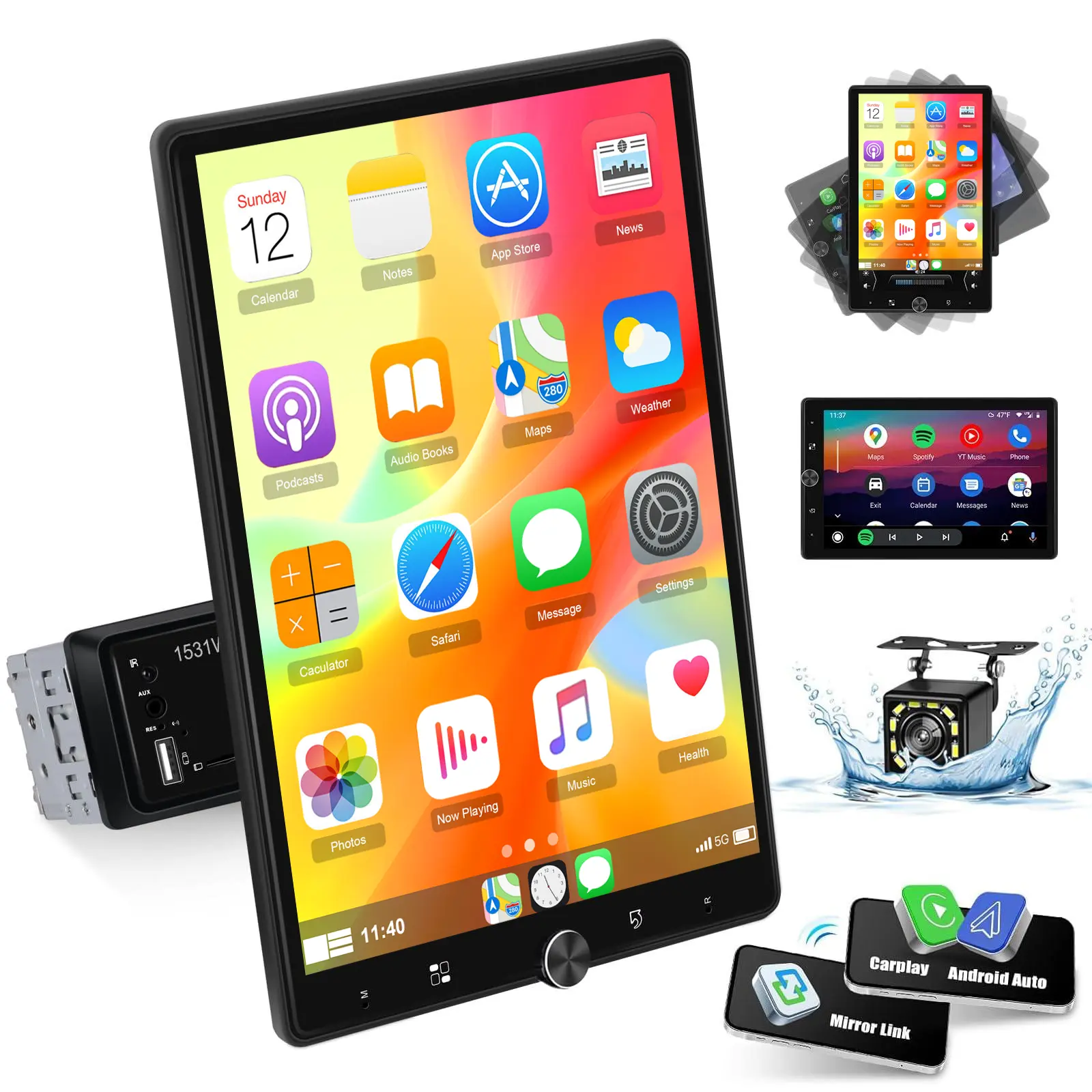 10.4-in Single Din High-Resolution LCD Car Stereo with Wireless CarPlay, Android Auto, Manual Rotator Screen, Bluetooth, FM AM Radio, Mirror Link, USB/AUX/Equaliser Setup and Reversing Camera, Horizontal/Vertical