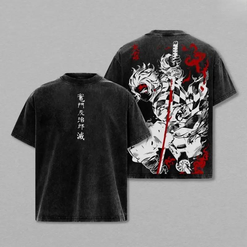 Tanjiro Kamado T-Shirt – Demon Slayer Kimetsu no Yaiba Vintage Washed Oversized Heavy Cotton Anime Manga Tee, Unisex Streetwear Retro Graphic Top Gift for Otaku Fans Unisex 100% Cotton T-shirt
