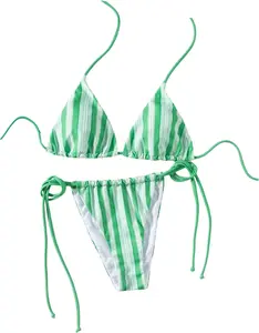 Women's 2 Piece Swimsuit Striped Halter Triangle Bikini Set Side Tie Bathing Suits