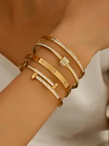 Elegant Zircon Stainless Steel Bracelet Set, Exquisite Bracelet, 18k Gold Plated Mirror Polished, Waterproof, Personalized Jewelry for Women, Wedding Gift, Stackable Bracelets