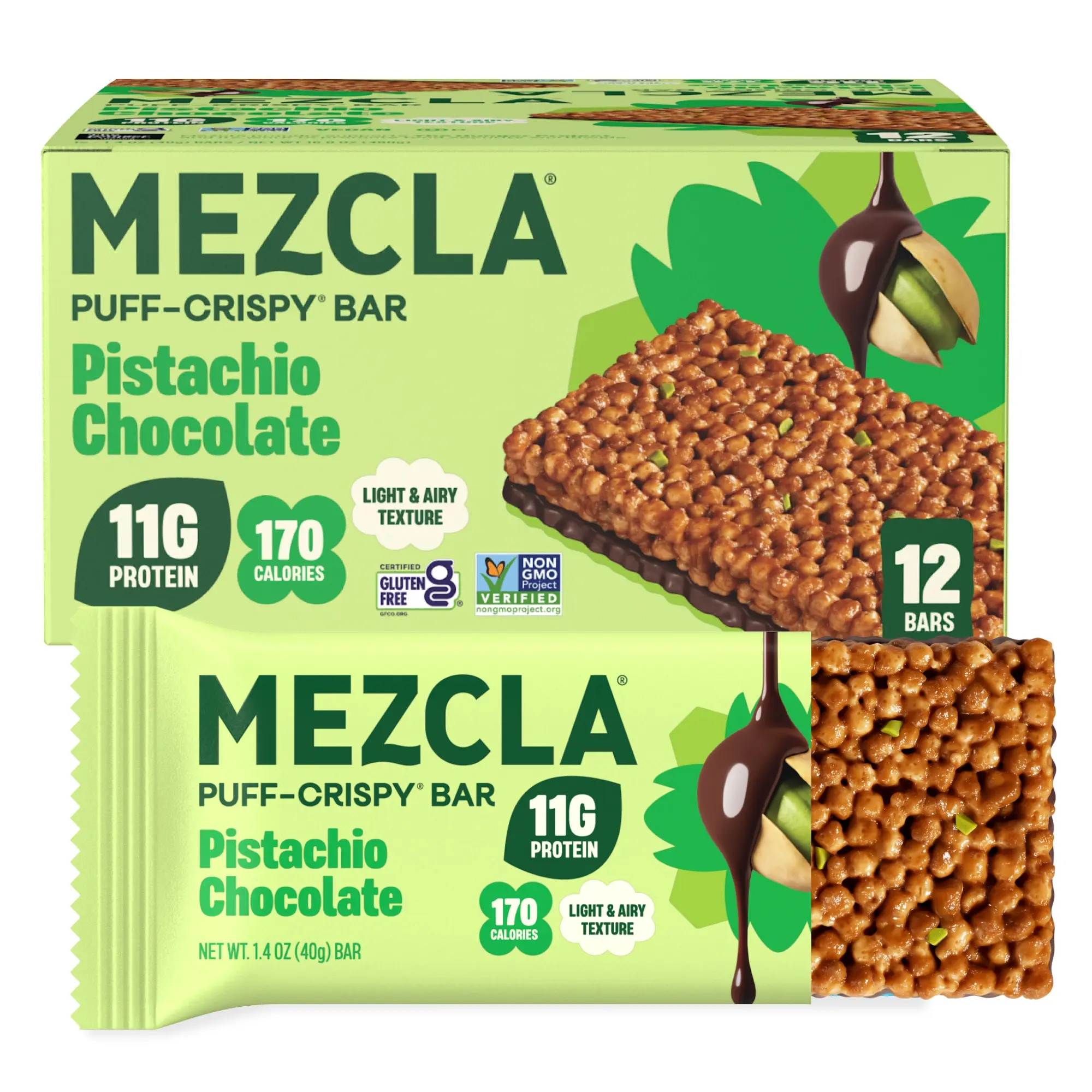 Mezcla Pistachio Chocolate Puff Crispy Protein Bar, 11g Plant Protein, Vegan Treat