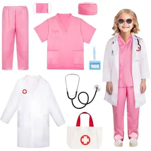 KF5-PCPA017    Doctor Costume for Girls - Kids Scrubs with Lab Coat & Carry Bag, Doctor Dress Up for Halloween, Career Day Role Play