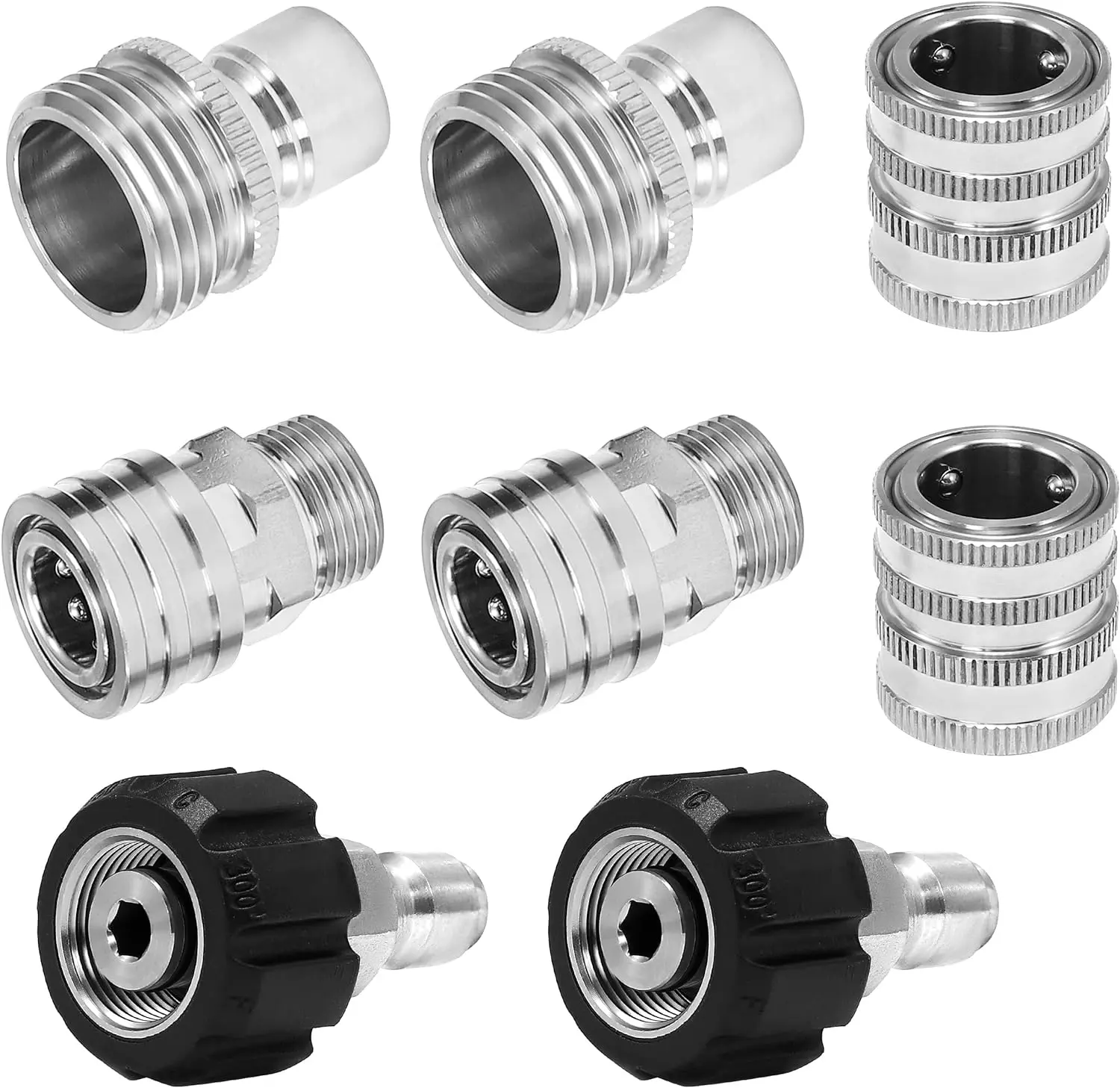 8-Piece Stainless Steel Universal Pressure Washer Adapter & Coupler Set - 5000 PSI, M22 Swivel to 3/8-in Quick Connects, 1/2'' Socket, Convert 3/4'' Hose Secure Release Fittings, Stainless Steel Lasts Longer for Car Washing