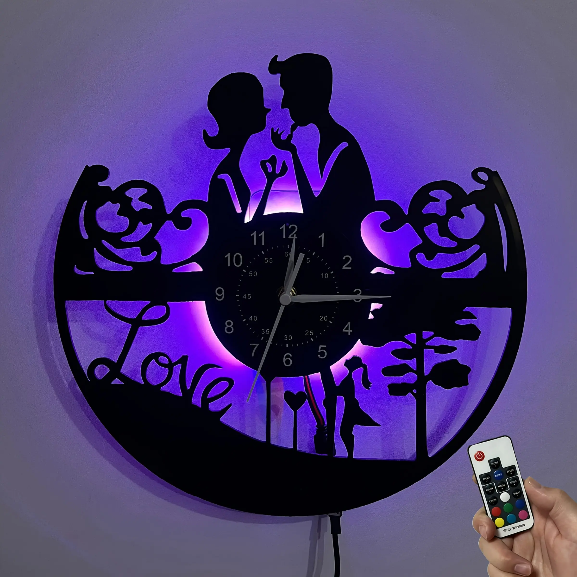 Colorful Vinyl Wall Clock, Love Theme, Home & Hotel Decoration, Wedding Anniversary Gift, Birthday & Holiday Gift, Art Collection, Lighted Wall Clock, Led Wall Clock