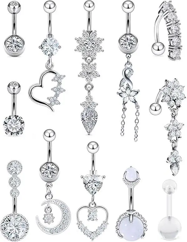 12pcs 14G Dangle Belly Button Ring Piercing Jewelry 316L Stainless 7Steel Heart Flower CZ Reverse Navel Rings Dangling Belly Button Ring Piercing Jewelry for Women