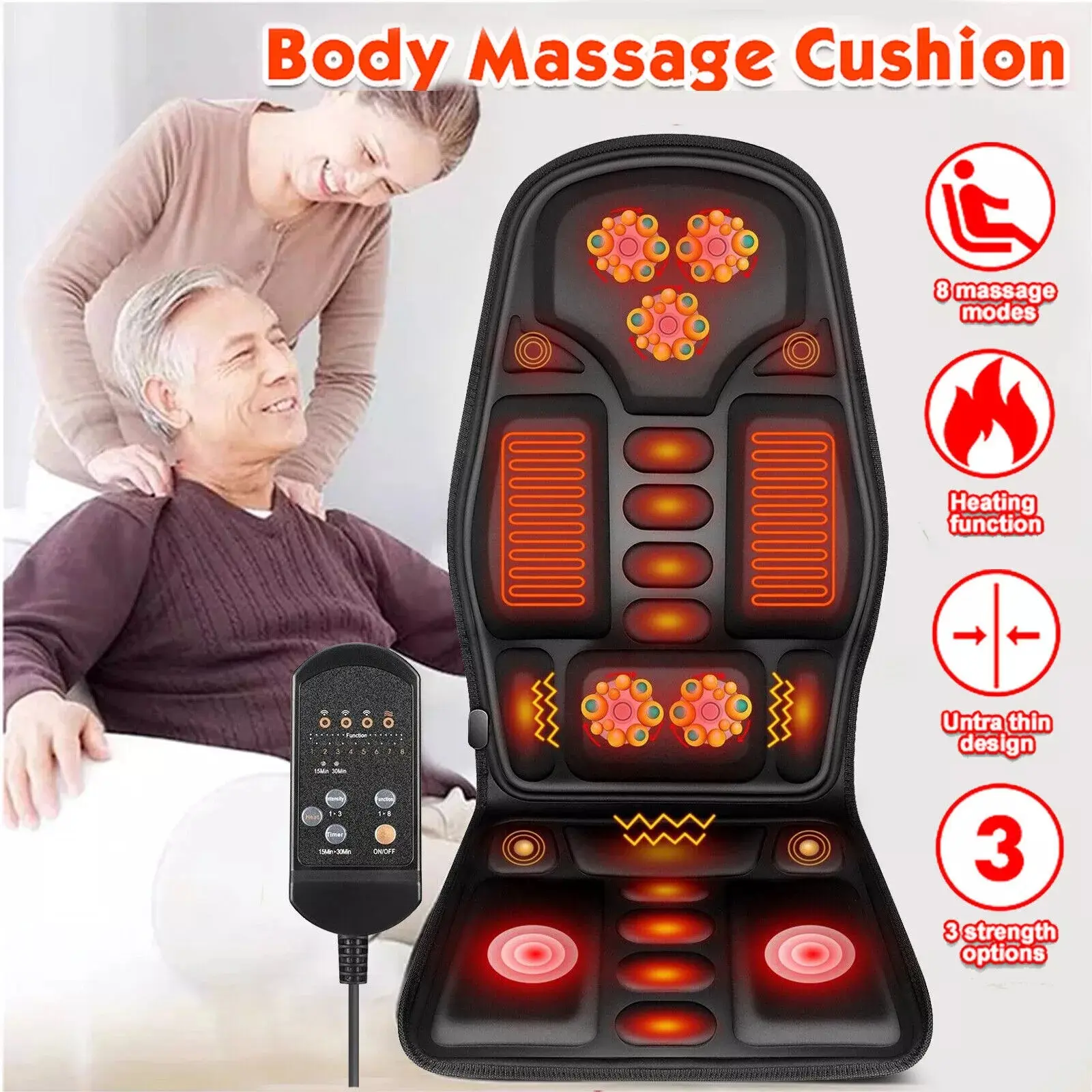 Remote Control Back Massage Chair Pad with Heat for Pain Relief - Deep Tissue Vibration Massager with 2 Adapters for Office, Recliner Use