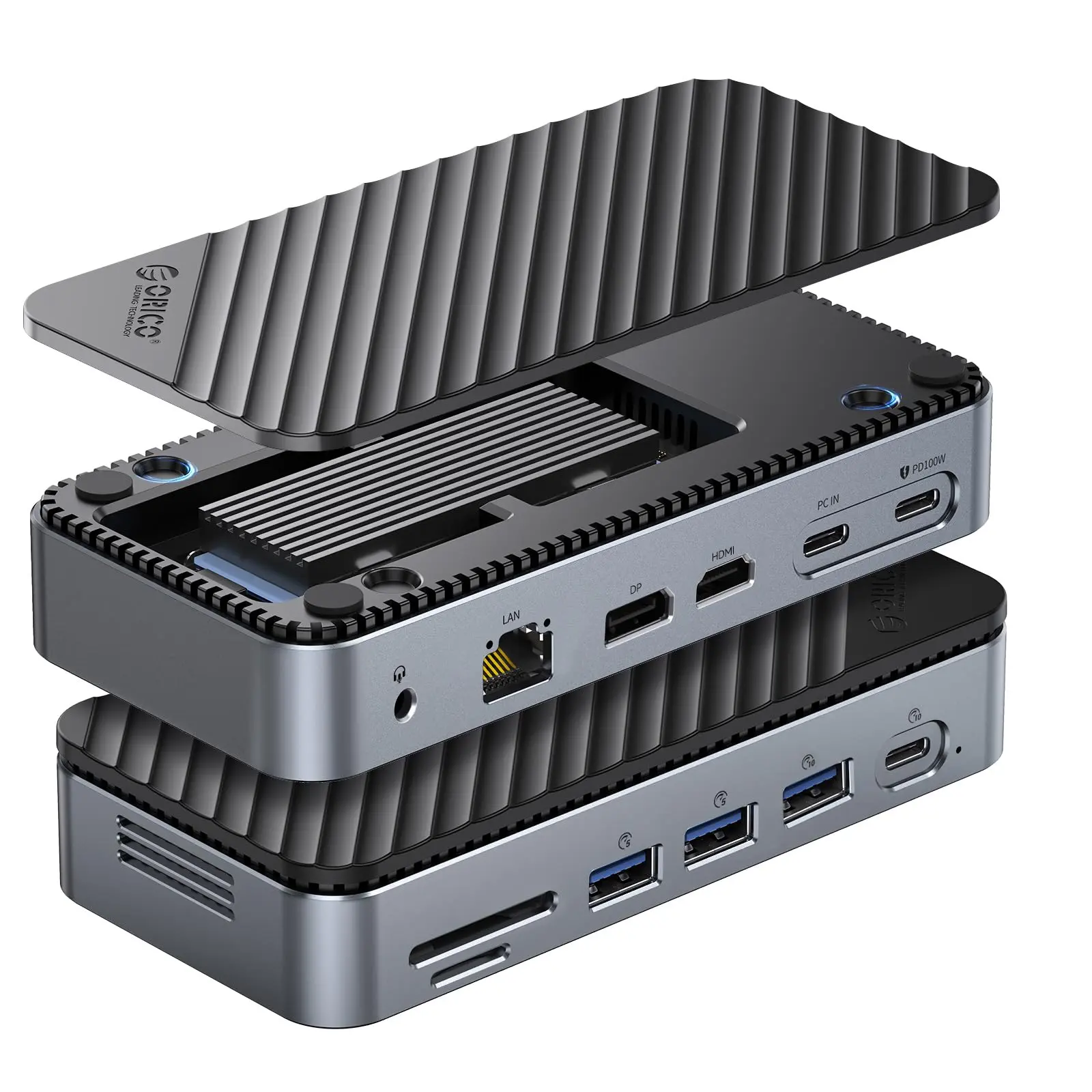 ORICO 12-in-1 USB C Hub with m.2 ssd Enclosure, USB C Docking Station Dual Monitor HDMI DP 8K@30Hz/4K@60Hz, 10Gbps USB, Gigabit Ethernet, 100W PD, SD TF Reader for Mac & Windows Laptops-M2P11