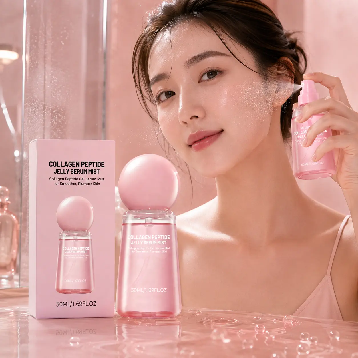 Collagen Peptide Jelly Serum Mist 50ml, Lightweight Hydrating Face Spray for Fresh, Smooth and Dewy-Looking Skin, Daily Facial Mist for Before or After Makeup