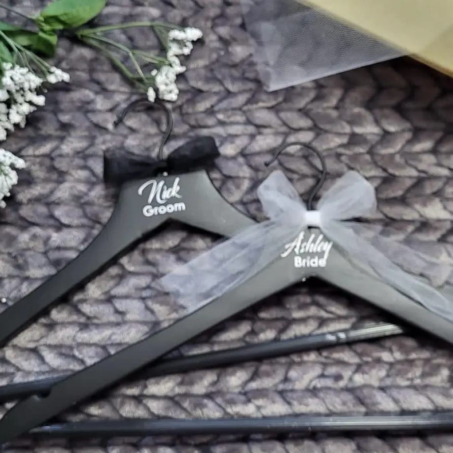 Custom Bride and Groom Hanger Set, Bridal Hanger, Groom hanger, Hanger for Weddings, Wedding Hangers, Bridesmaids Hanger, Entourage Hanger, Groomsmen Hanger, Couples Hanger, Wedding gown hanger, tuxedo hanger, getting ready hanger, wedding props hanger