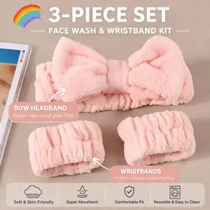 3 Pcs Spa Headband and Wrist Washband Set, 1 Pieces Makeup Facial Face Wash Headband Head Bands and 2 Pieces Wrist Bands for Washing Face Terry Cloth Headbands for Women and Girls