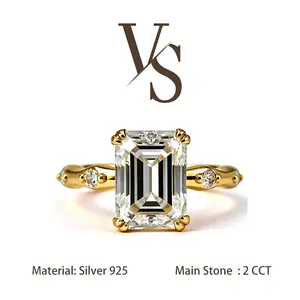 [Venus Jewelry] Synthetic Moissanite 2 CCT Emerald Cut Bamboo Design VVS 1 D Color Solid Silver 925 Solitare Ring