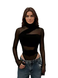 Women's Solid Color Mesh Patchwork Transparent Slim Fit Long Sleeve Jumpsuit Bodysuits, Sexy Street Fashion for Daily Casual Party Dance
