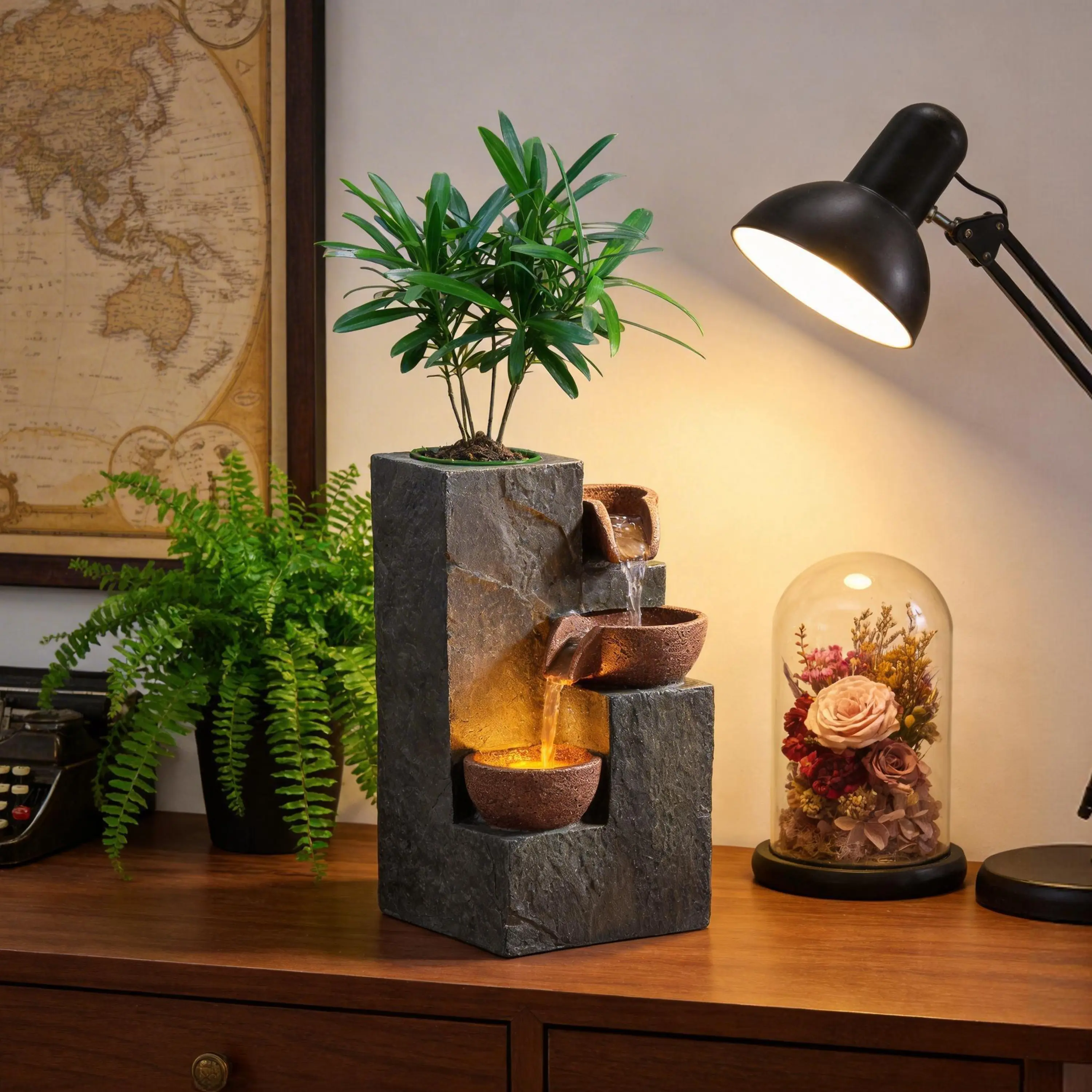 Lightweight 3-Tier Resin Rocks Indoor Desktop Fountain, Decorative Stone Waterscape Pot with Warm LED Light, DIY Plant Growing Basin, Compact Desk Decor for Relaxing Zen Vibes