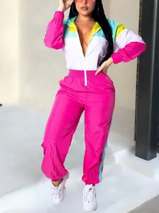 Women's Colorblock Hooded Jumpsuit with Zipper Pockets, Elastic Waist Casual Fitted Overall, Lightweight Windbreaker Jumpsuit, Casual Jumpsuits
