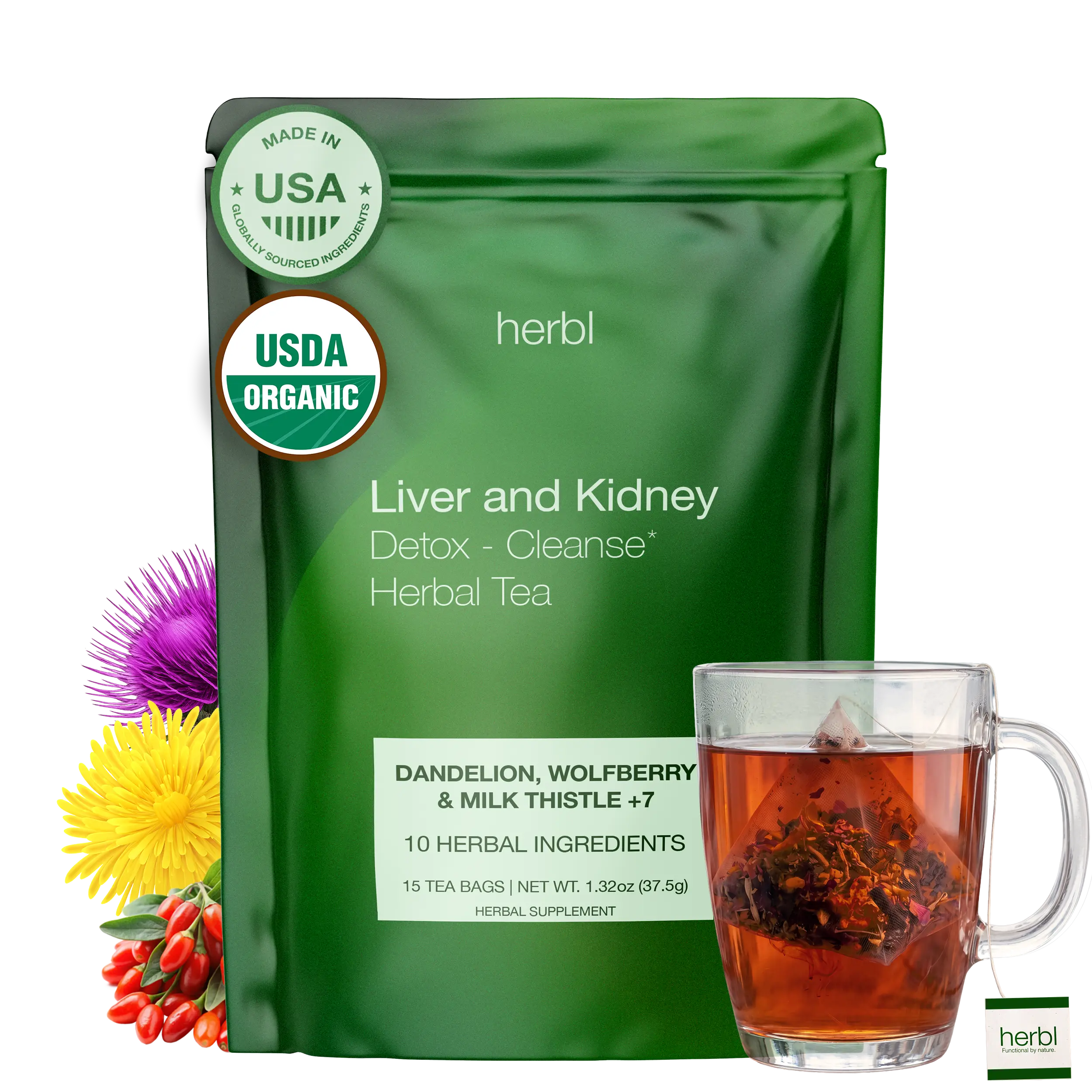 Organic Liver and Kidney Detox Tea - Dandelion Wolfberry Tea With Milk Thistle, Turmeric, Nettle and extra herbal ingredients