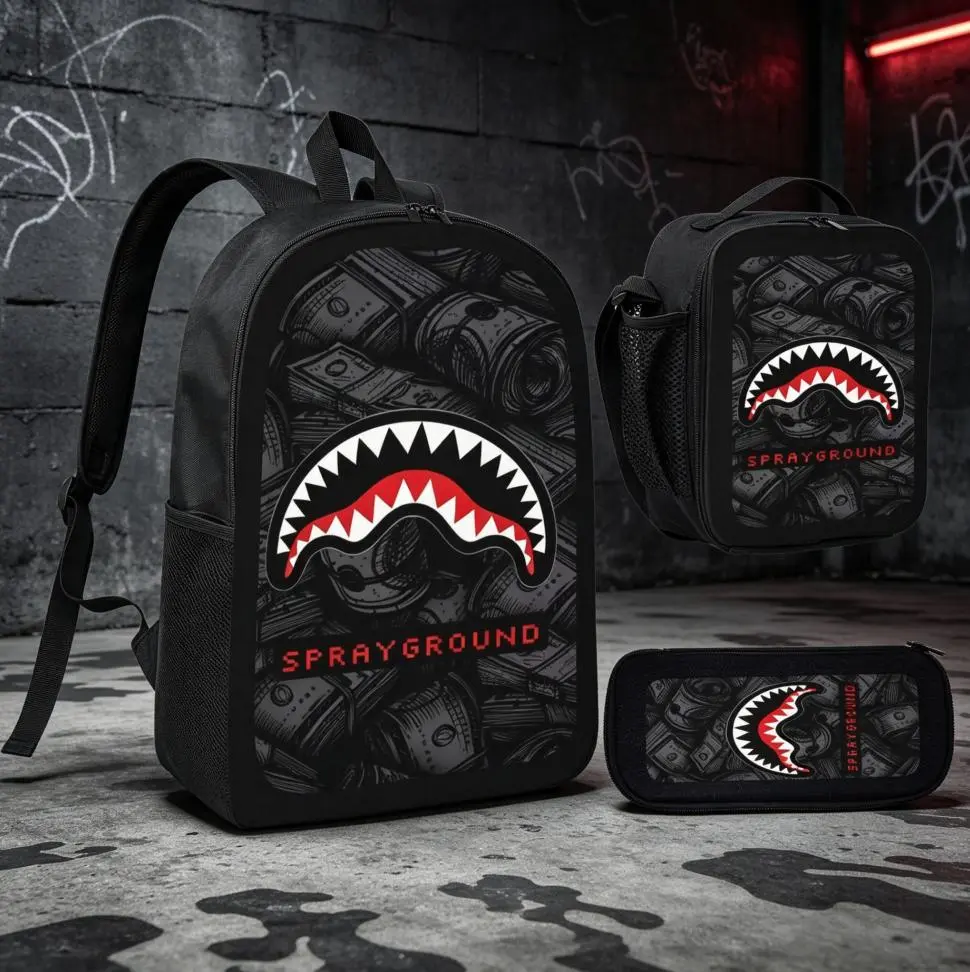 3 piece setSprayground shark mouth backpack set, dollar print kids school bag, boys streetwear backpack, hip hop children backpack