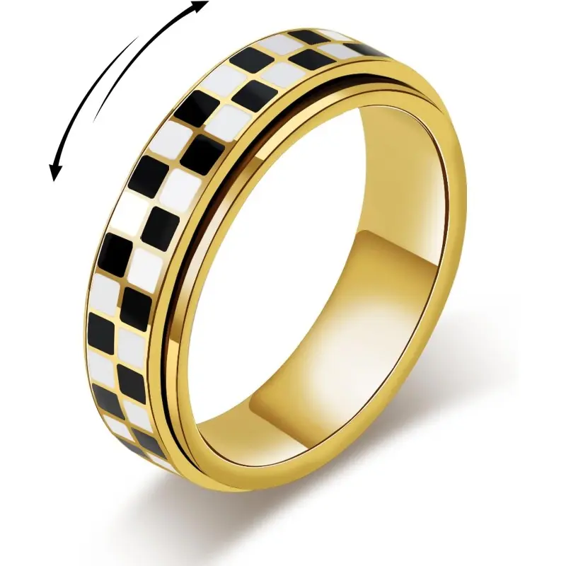 Unisex 18K Gold-Plated Stainless Steel Metal Checkered CZ Spinner Ring - 360° Rotating Outer Band, Unique Rings, Black & White Pattern, Casual Daily Wear, Durable, High-Polished Finish Adult Costume Jewelry