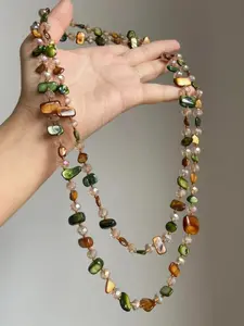 Boho Vintage Long Necklace with Irregular Beads, Artificial Pearl Gemstones, Colorful Shell Design, Boho Style, Perfect for Parties & Holidays, Women's Fashion Jewelry, Shell Material