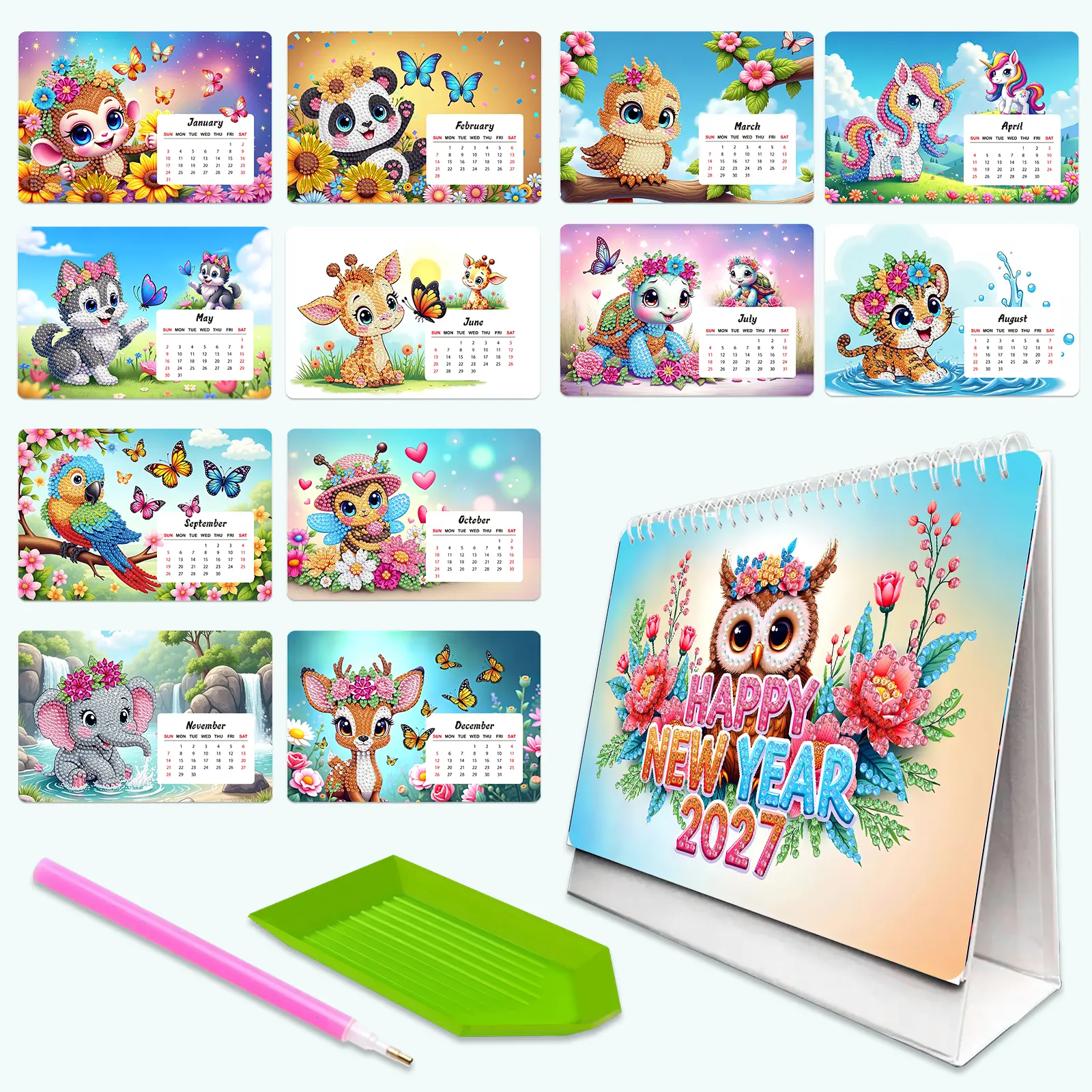 2027 Cute Mixed Animals DIY Diamond Painting Cross Stitch Desk Calendar Kit for Beginners and Enthusiasts, 12 Unique Monthly Paper Calendar Sheets, Festivals Crafting Desktop Decor & New Year Handmade Gift, 12 Unique Monthly Calendar Sheets