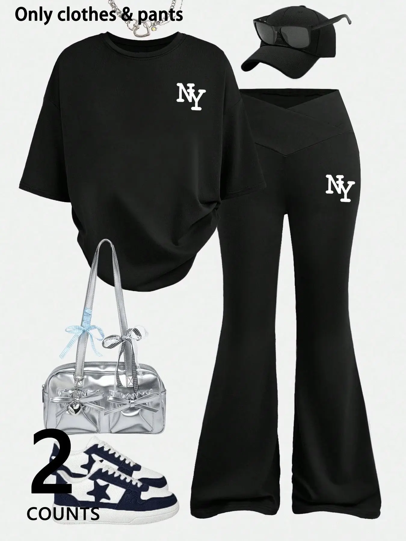 Two-piece set for Womenswear, teenage girls: New York, Aesthetic Graphic print short-sleeved T-shirt and slim-fit flared pants for spring/summer, suitable for everyday casual activities, sports, outdoor activities, and back-to-school season