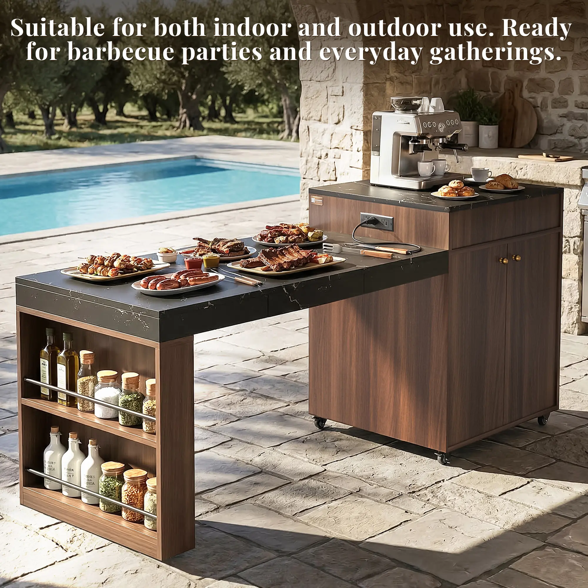OMCHOM Sturdy Metal Adjustable 78.8" Rolling Kitchen Cart with Cabinets - 3-Stage Extendable Dining Table (Seats 6-8), Built-in Power Outlet, Ample Storage Drawers, Mobile Wheels, High-Density MDF, Easy Assembly (Walnut, Patio-Ready)