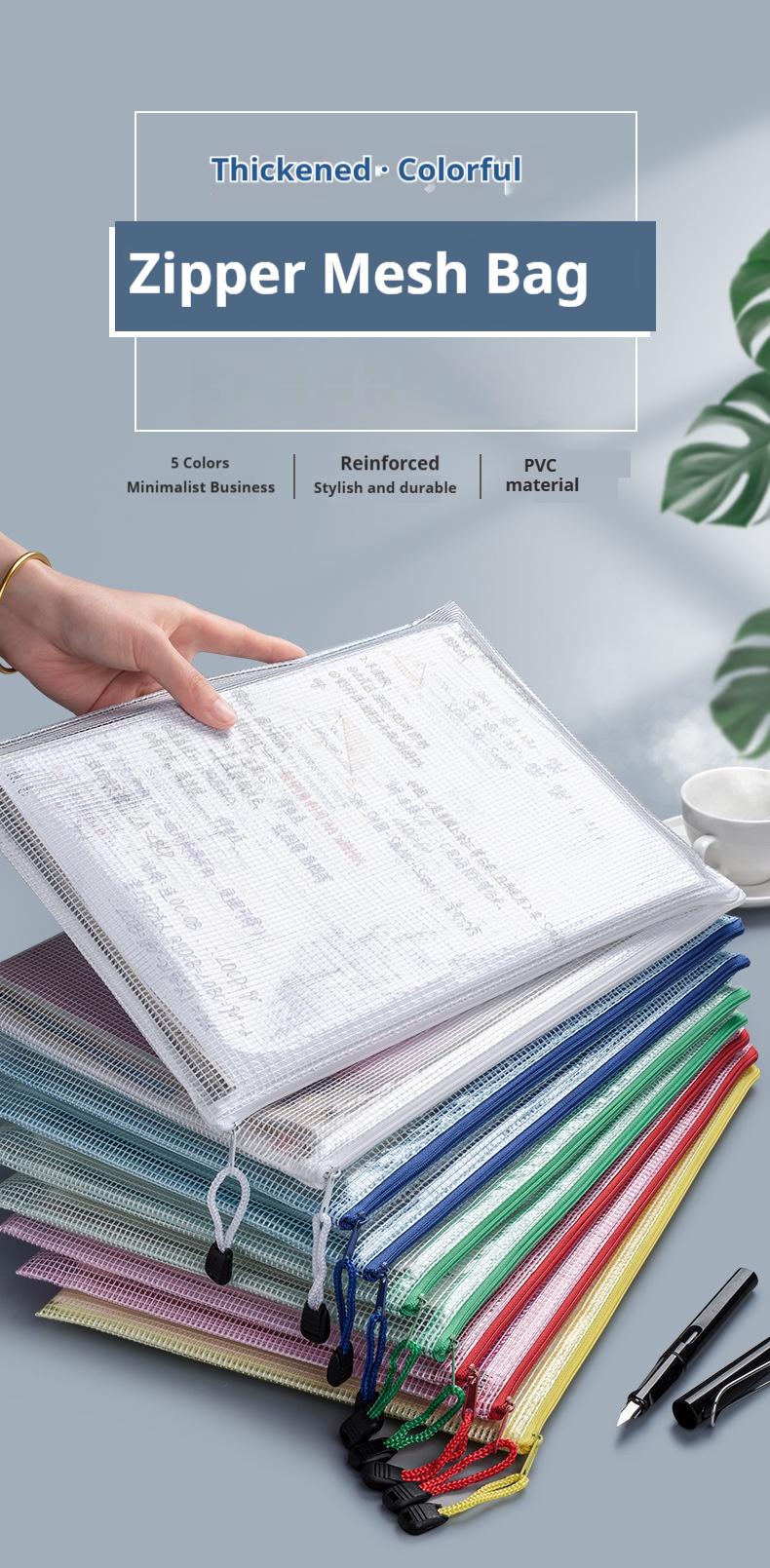 5 Pack A4 Mesh Zipper File Bags, Waterproof Document Pouch, Large Capacity Organizer for School Office