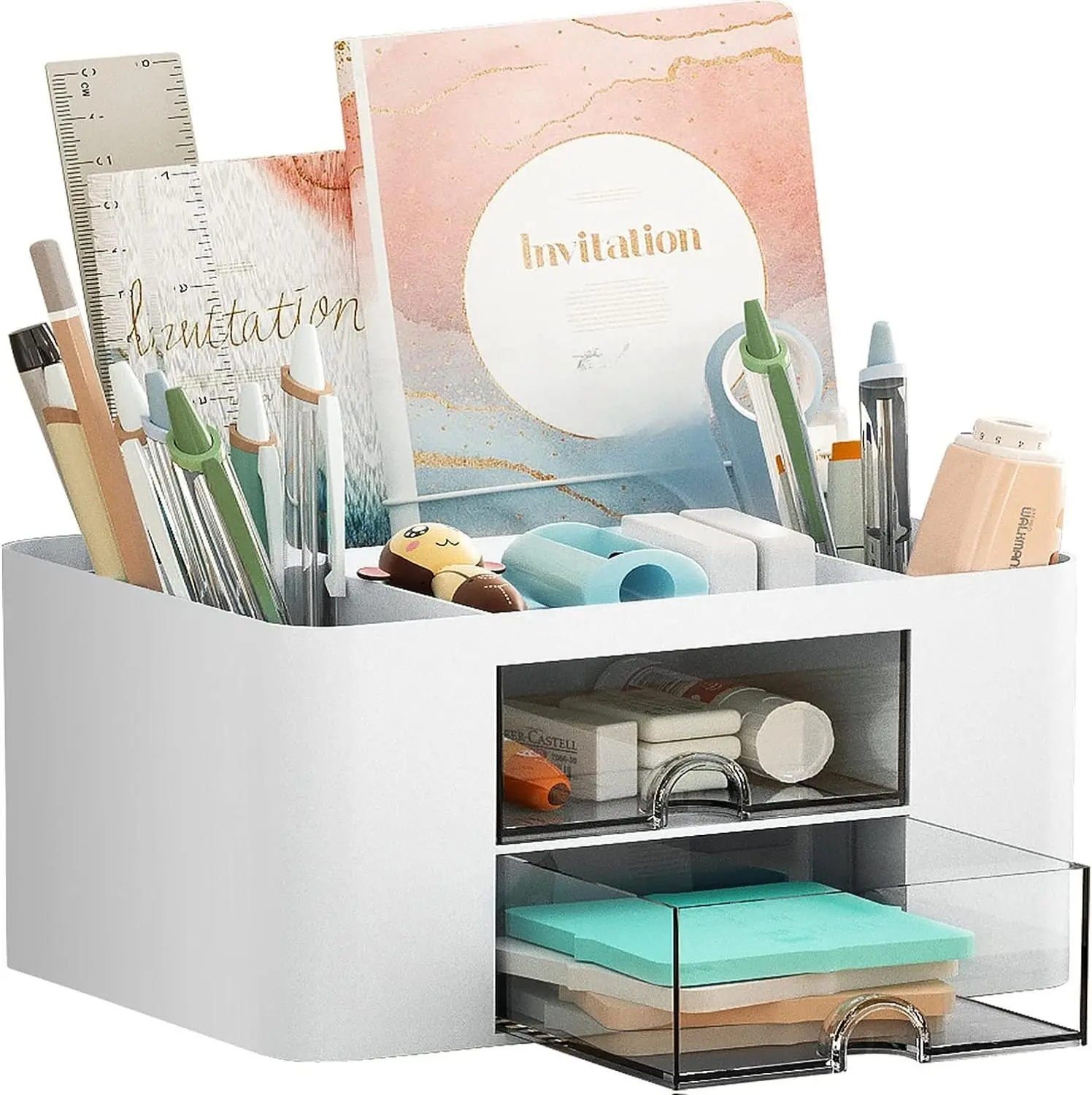 Space-Saving Desk Organizer with 2 Drawers - Multi-Compartment Pencil Holder for Office & Art Supplies, Desktop Accessories Storage