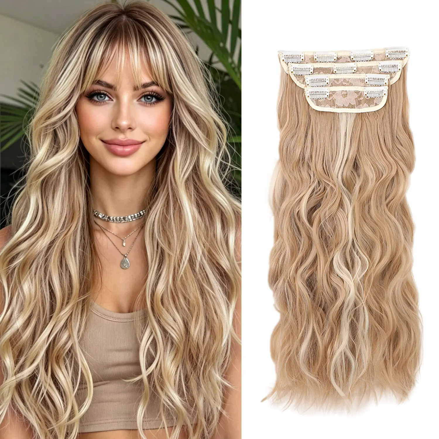 4PCS Synthetic Clip-In Hair Extensions  vigorous  Double Weft Full Head Thick Hairpiece for Women 16"/20"/24" in  Curly Wavy Textures instant volume long
