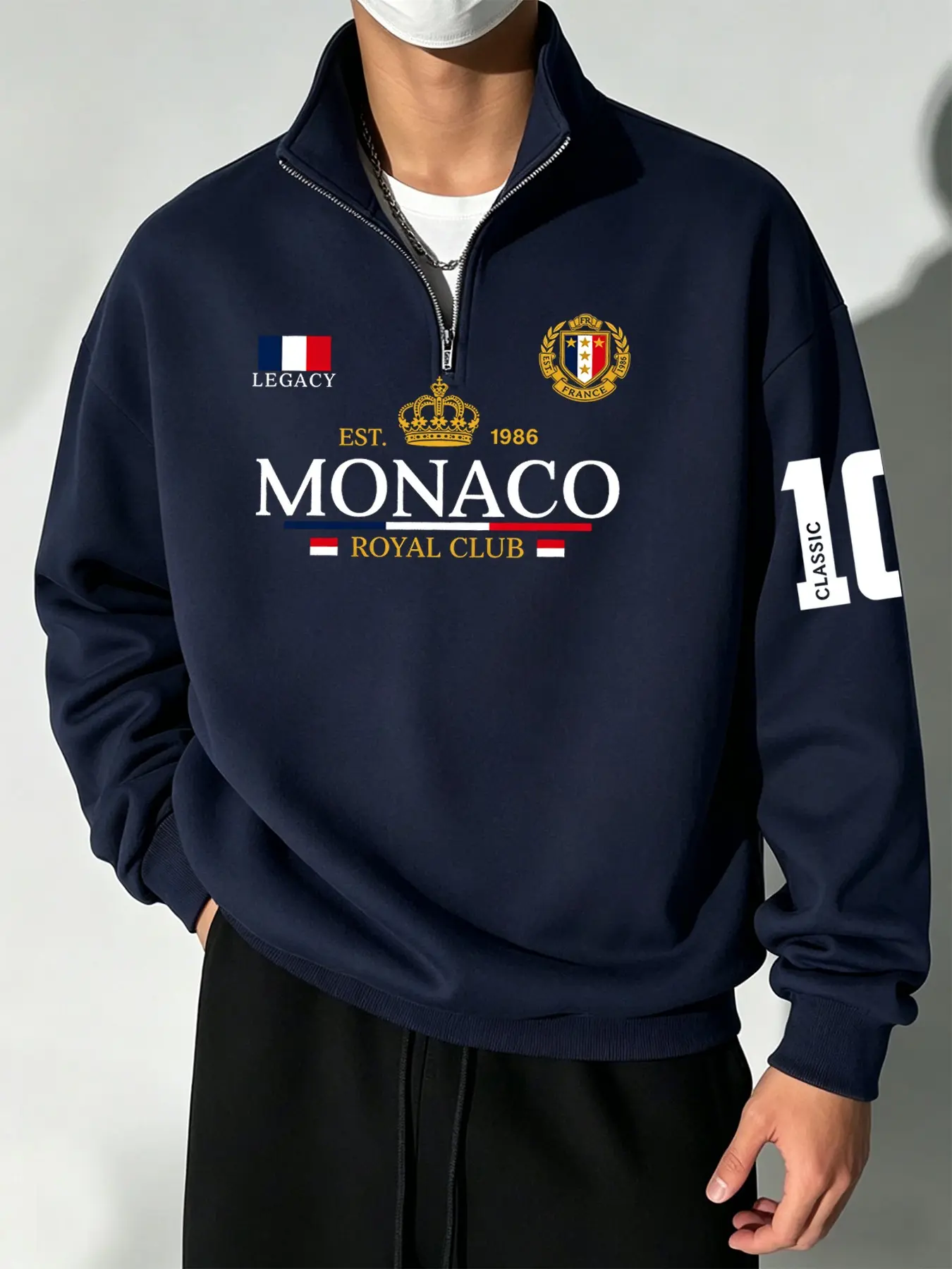 Monaco Royal Club Half-Zip Sweatshirt, Casual Sporty Sweatshirt, Casual Geometric Pattern, Long Sleeve, Loose-Fitting H-Type, Spring & Fall Fashion, Versatile Daily Wear